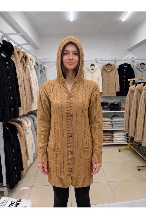 Women's Hooded Buttoned Pocket Soft Textured Knitwear Cardigan