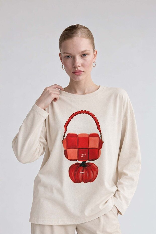 Relaxed Fit Patterned Thin Sweatshirt Beige