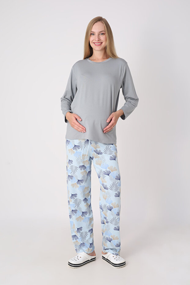 Maternity Pajama Set – Maternity Set, Patterned Bottom and Top Combination with Hidden Nursing Panel