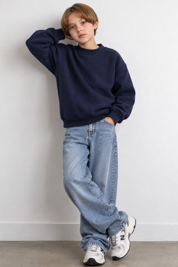 Boy's Oversize Sweatshirt Basic Navy Blue – Crew Neck, 3-Ply Fleece