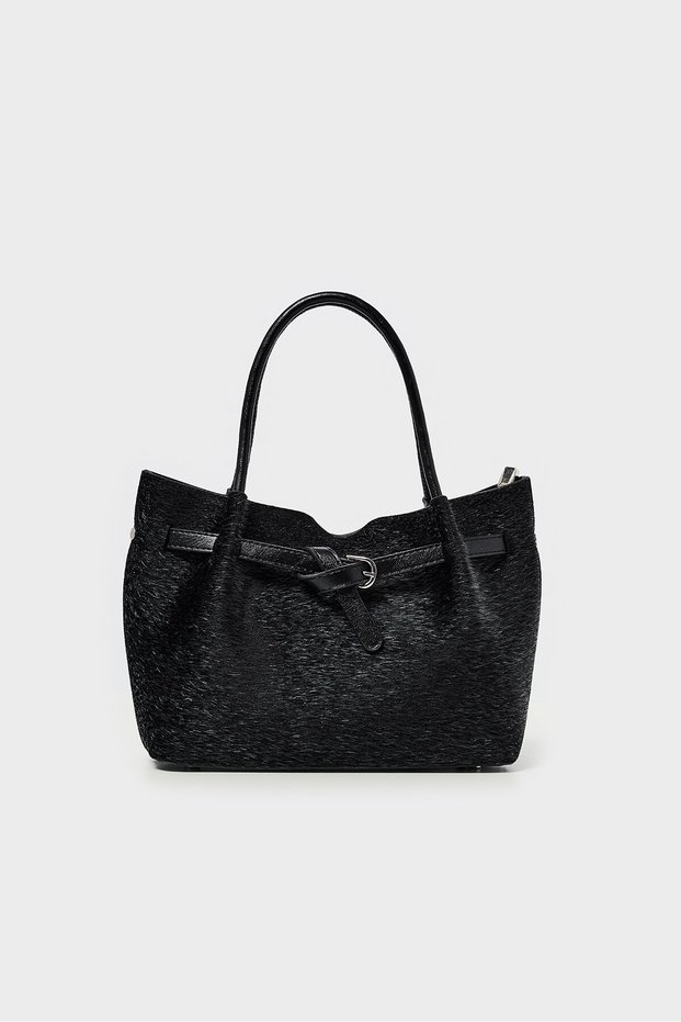 Belt-Detailed Hand and Shoulder Bag - Faux Fur Black