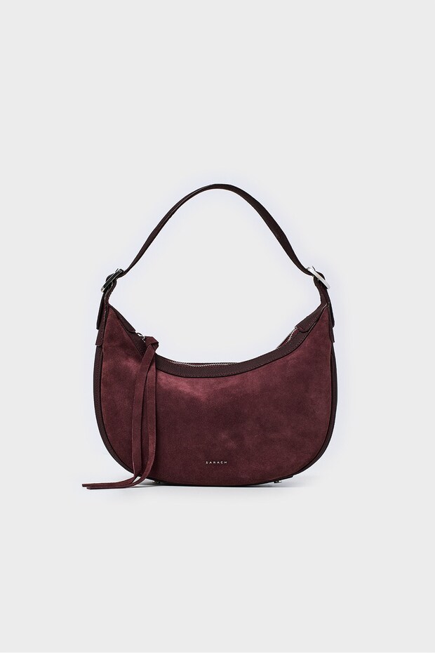 Genuine Suede Baguette Shoulder Bag with Detailed Buckle - Burgundy