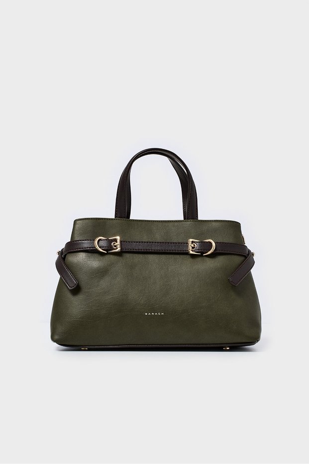 Double Color Belt Detail Hand and Shoulder Bag-Khaki