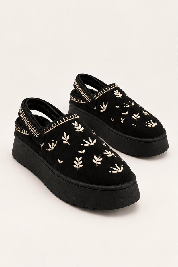Emilia Black Suede Women's Daily Wear Slippers with Embroidery, Thick Sole, Fur Inside, Back Strap, and Velcro Detail.