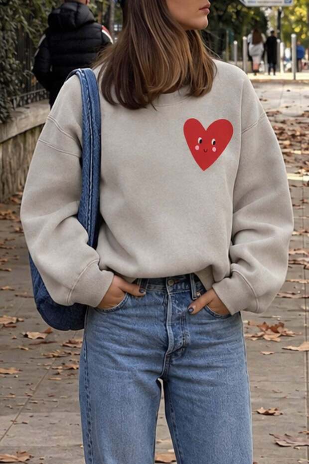 Women's Premium Fabric 3 Thread Raised Heart Printed Sweatshirt