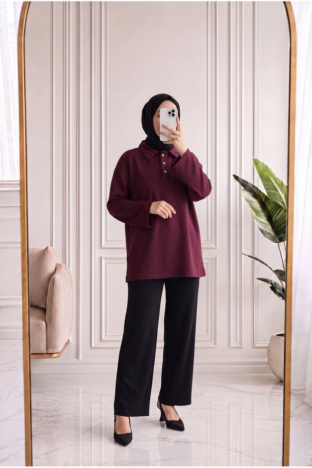نيفكان ياكالي 3 Düğme Sweat-MA759 أحمر داكن