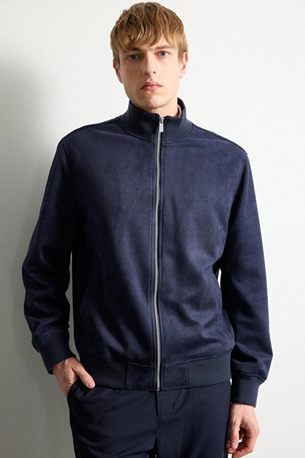 Ultra Soft Slim Fit Stand Collar Lined Suede Seasonal Coat with Zipper Pockets D1524Ax26Au
