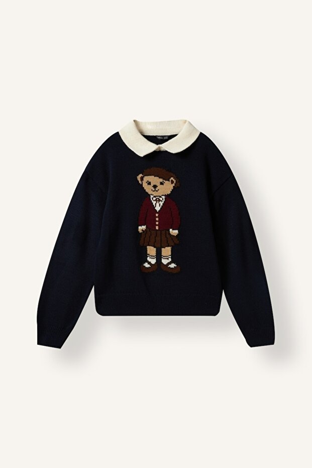 Crew Neck Teddy Bear Patterned Knitwear Sweater for Girls I3598A826Wn