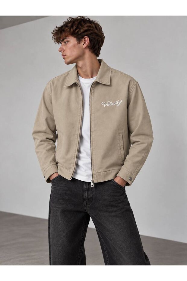 Velocity Embroidered Beige Zippered Men's Canvas Jacket