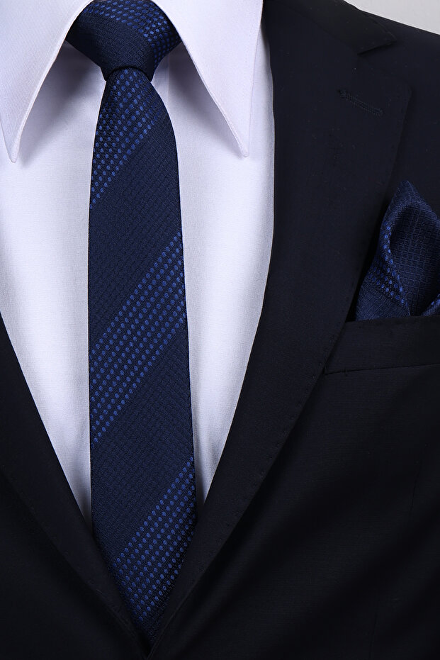 Hand Made 6 cm Striped Pattern Navy Blue-Blue Color Handkerchief Tie