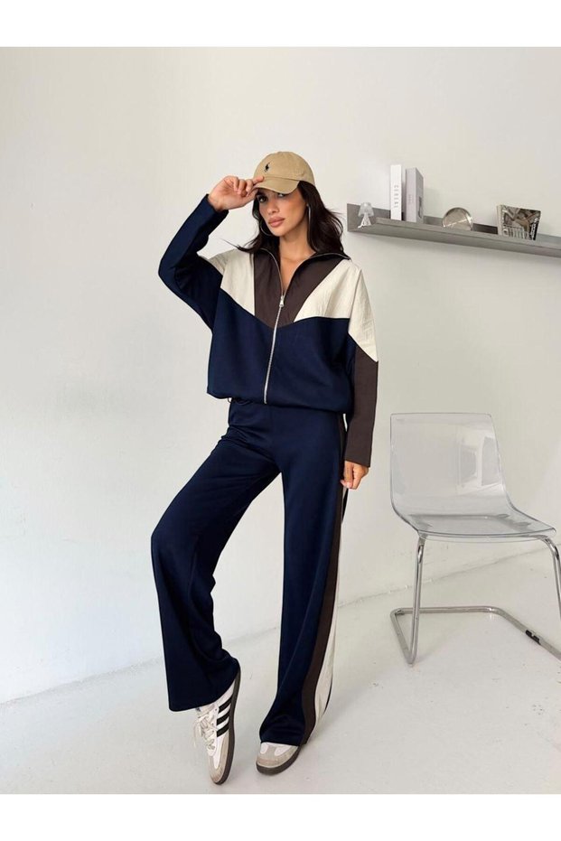 Women's Color-Blocked Zip-Up Sweatshirt and Wide-Leg Pants Two-Piece Set