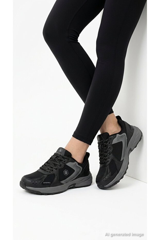 Women's Black Sneaker Softshell Lace-Up Thick Sole Daily Walking Sports Shoes