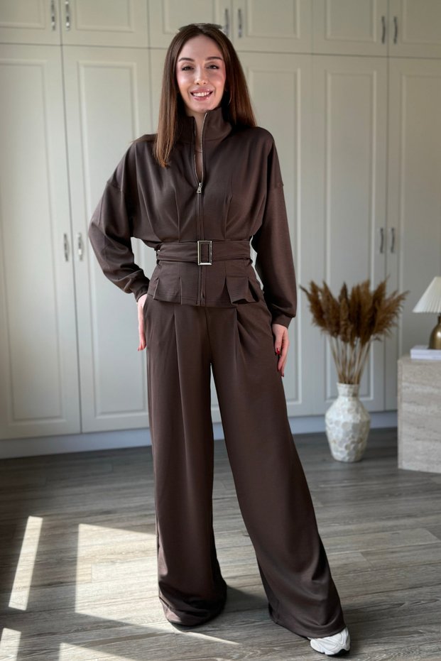 Belted High Collar Modal Fabric Stylish Trouser Suit with Drape Detail