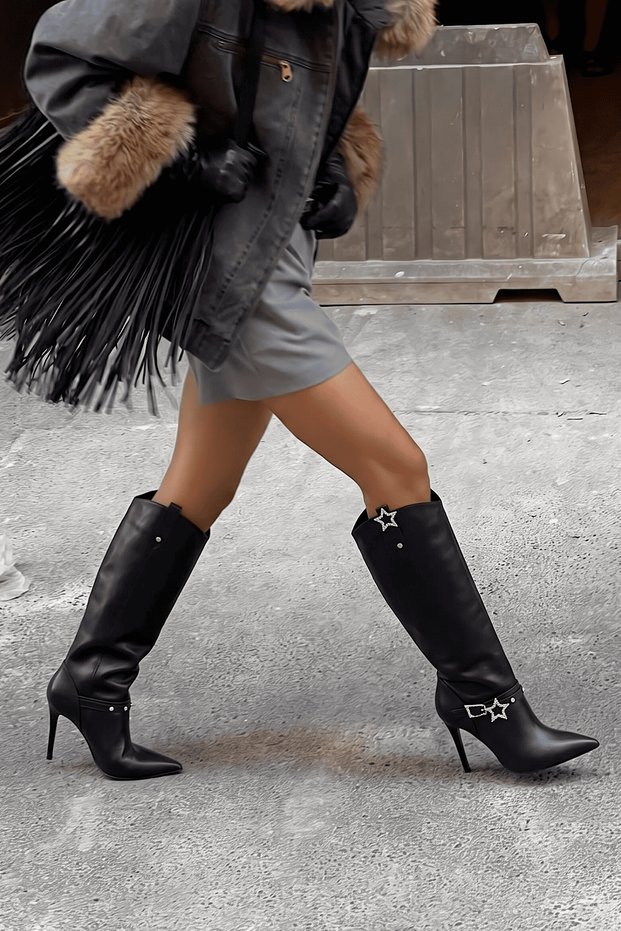 Yaldy Black Leather Buckle Detailed Women's Heeled Boots