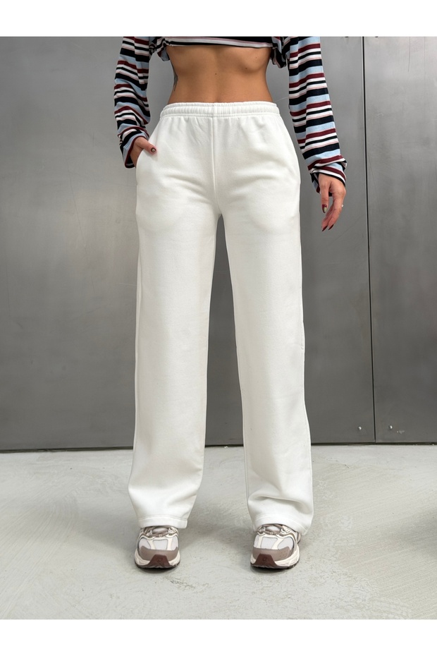 Women's 100% Cotton 3 Thread Threaded Lace-Up / Wide-Leg Sweatpants / Ecru