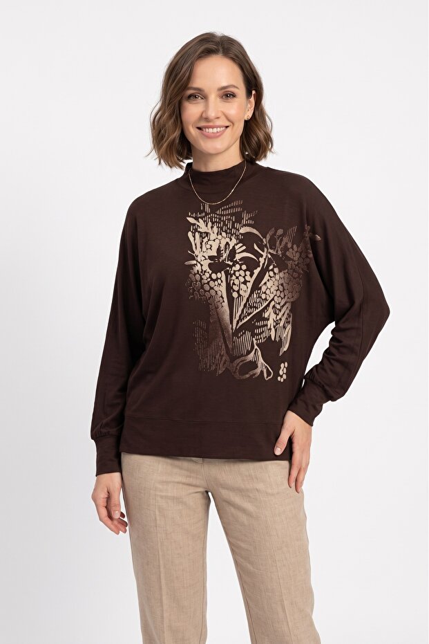 Women's Plus Size Lycra Half Turtleneck Flock Printed Bat Sleeve Mom T-Shirt Combed Cotton Blouse