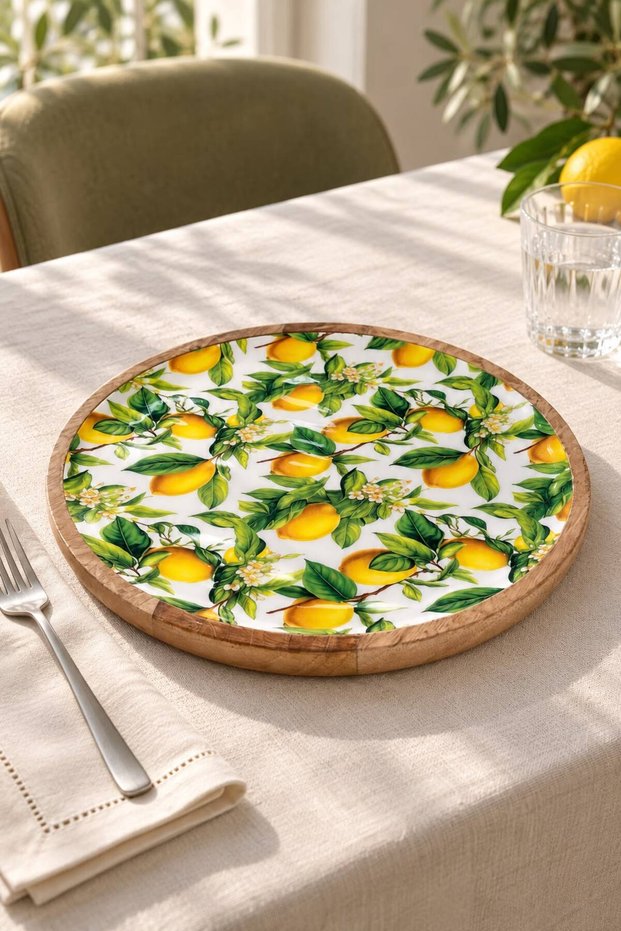 Mango Wood Serving Plate with Enameled Lemon Pattern 25 cm – Breakfast and Presentation Plate