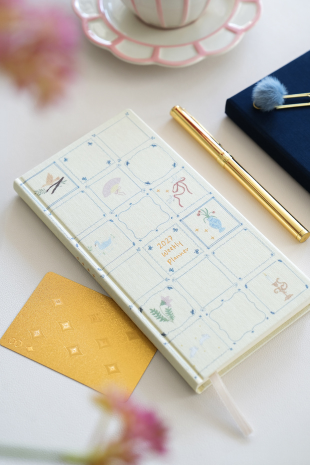 2027 Year Linen Weekly Planner Checkered Pocket Agenda 9X18 cm