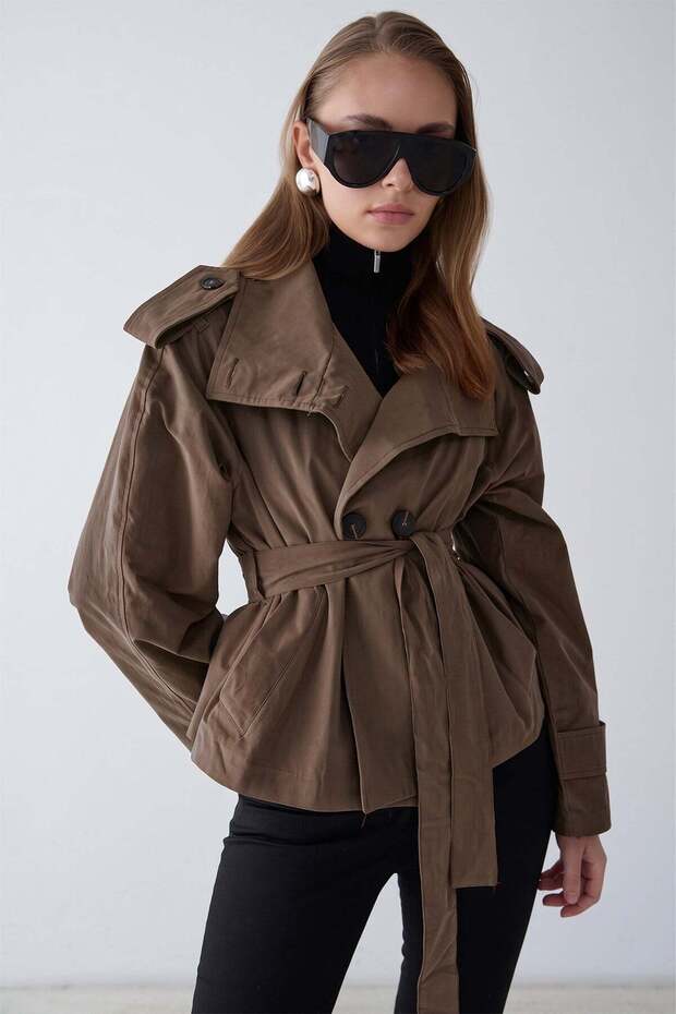 Oversized Short Trench Coat with Stand Collar and Epaulet Detail Brown 6934