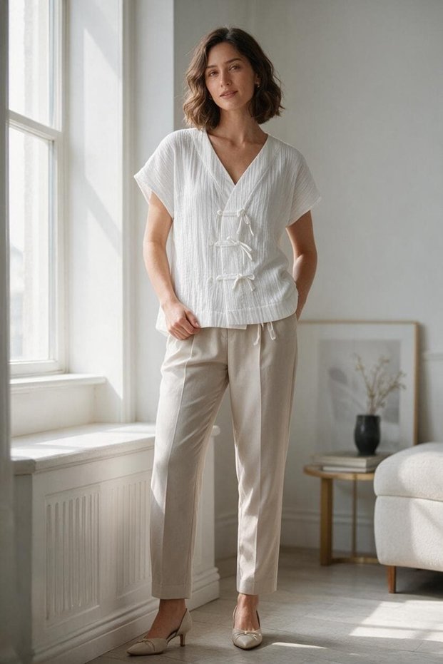 Women's Muslin V-Neck Blouse with Tie Detail