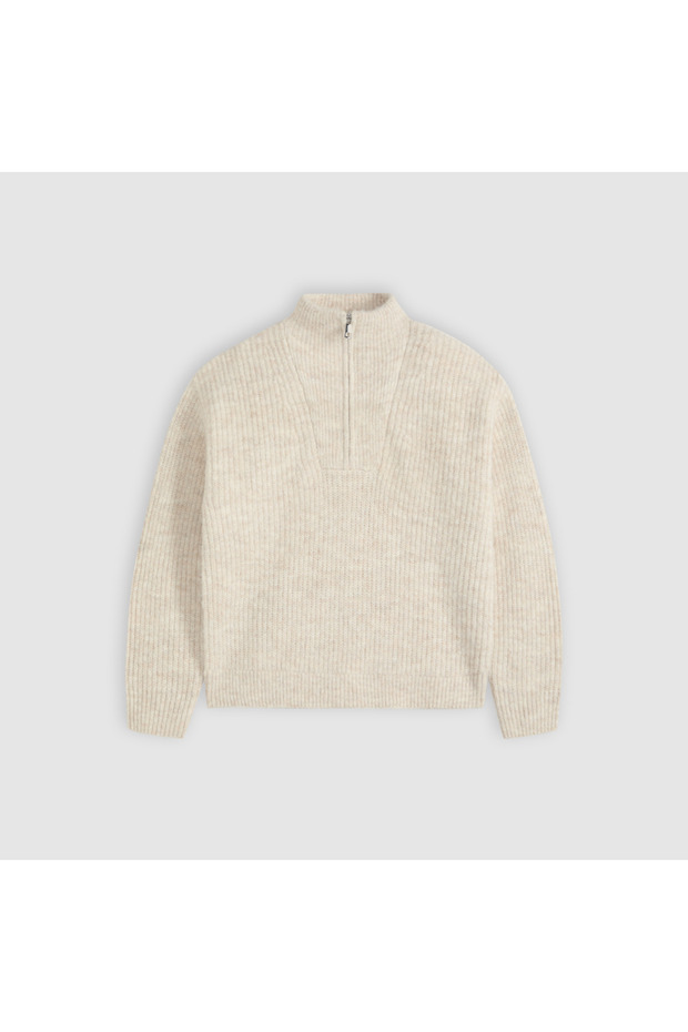 Women's Cream Color Knitted Fabric Zipper Collar Sweater 007Vt-0000