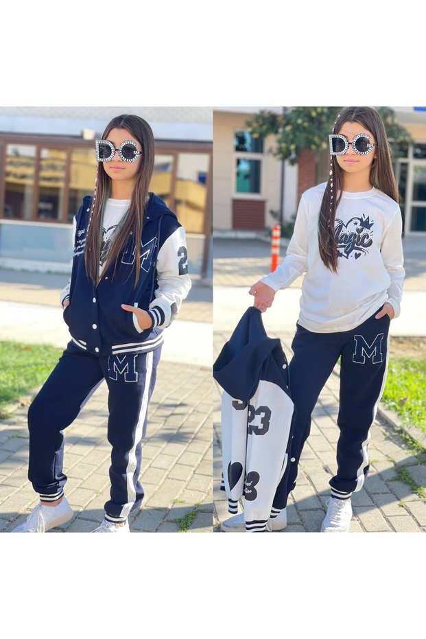 Girl's 3-Yarn Embroidered College Jacket Printed 3-Piece Set - Hooded Sweatshirt 100% Cotton Top and Bottom Set