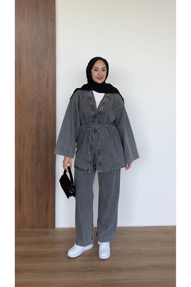 Women's Jacket with Pocket Details, Oversize, Belted, V-Neck, Top Button Closure, Pants, Denim Suit