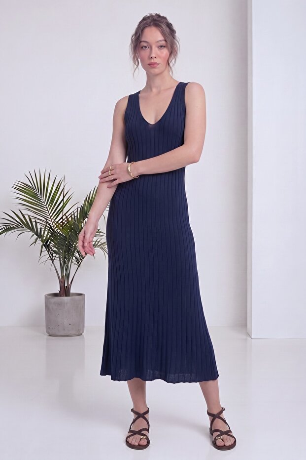 Women's V-Neck Thick Strap Ribbed Knitwear Midi Dress Anthracite, Navy Blue, Brown