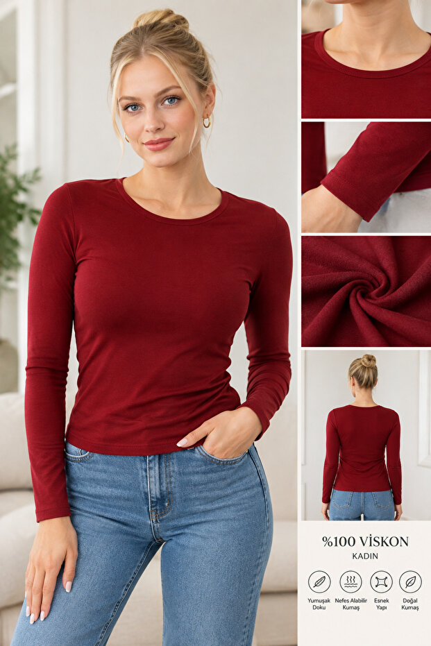 Women's 100% Viscose Long Sleeve Body Crew Neck Basic Top, Soft Textured Comfortable Fit Daily Wear Women's Clothing, Flexible Constructed Stylish and Comfortable Long Sleeve Blouse