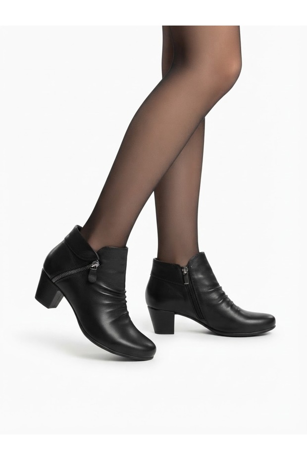 Genuine Leather Black Zipper Detailed Short Heeled Women's Boots