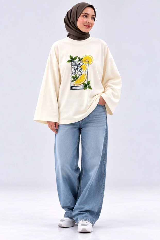 Women's White Lemonade Printed Oysho Fabric Oversize Tunic