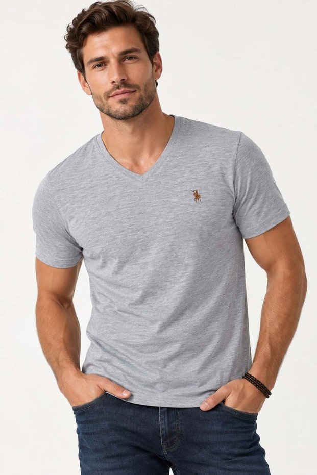 Men's V-Neck Cotton T-Shirt Light Gray T9568