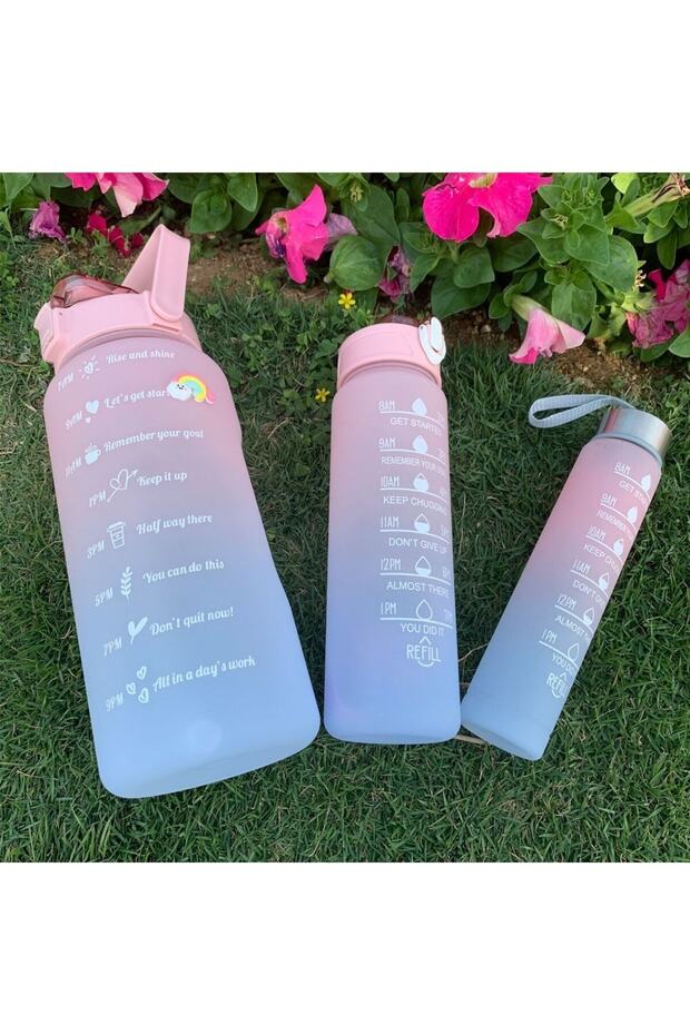 Motivational Set of 3 Water Bottles Water Bottle Set 2Lt+900Ml+300Ml Tritan Gym Water Bottle Set