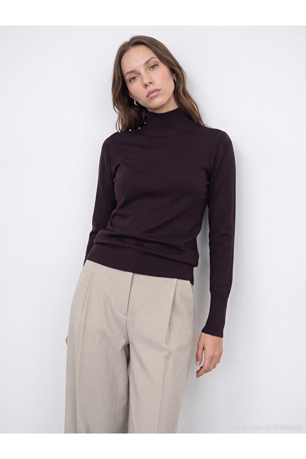 10877 Basic Stand Collar Buttoned Sweater