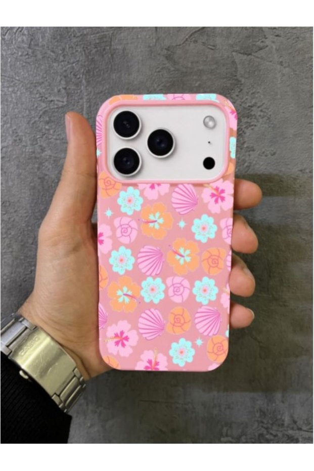 iPhone 17 Pro Max Compatible Pink Case with Colorful Flowers and Seashell Pattern