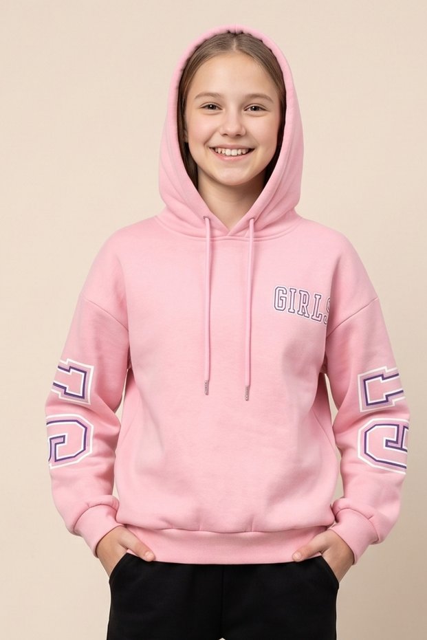Girl's Sweatshirt with Printed Design and Fleece Inside