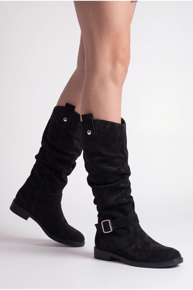 Women's Black Suede Daily Casual Pull-On Bellows Boots