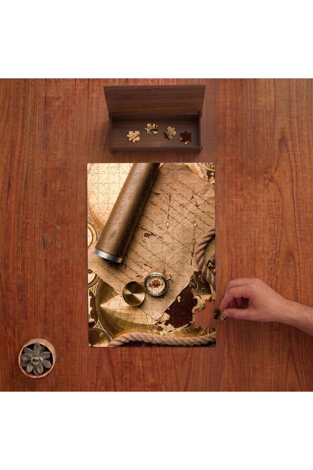Old Map - Compass - Binoculars Design 240 Piece Wooden Puzzle in Wooden Box Pd00550