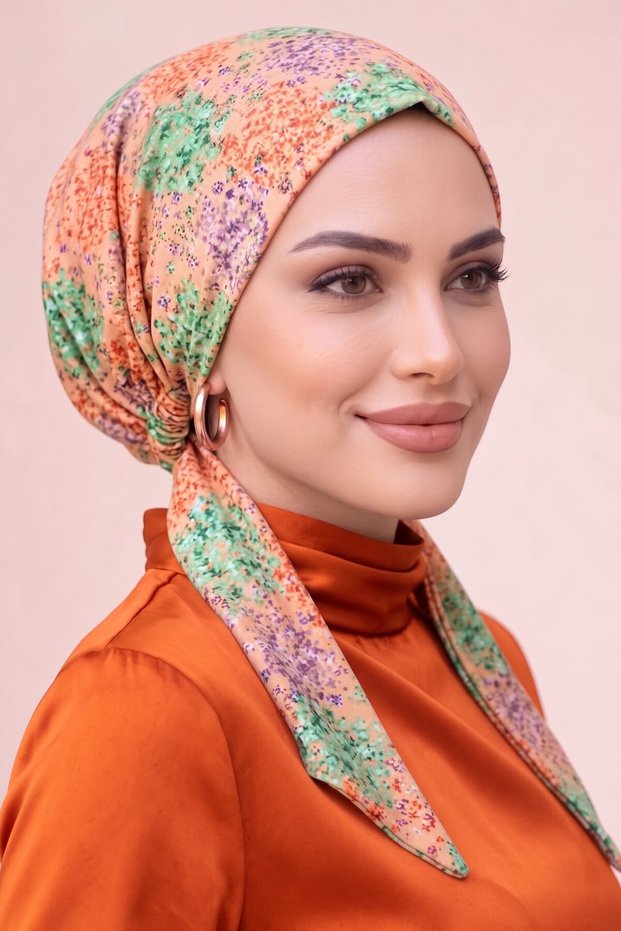 Floral Patterned Practical Scarf, No Need for Needles, Ready-To-Wear Scarf