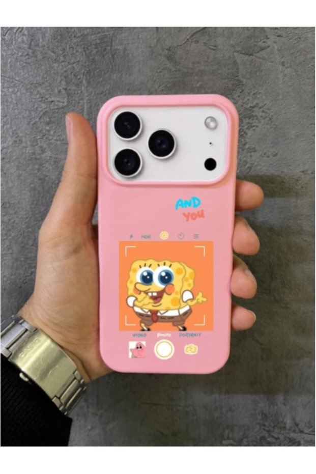 iPhone 17 Pro Max Compatible Camera Interface and Cute Spongebob Printed Pink Case