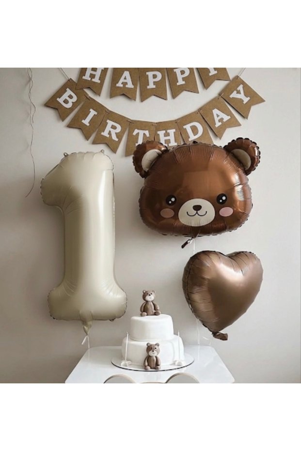 Retro Cream Beige 1 Year Old Foil Balloon Kraft Happy Birthday Banner and Teddy Bear Concept Set