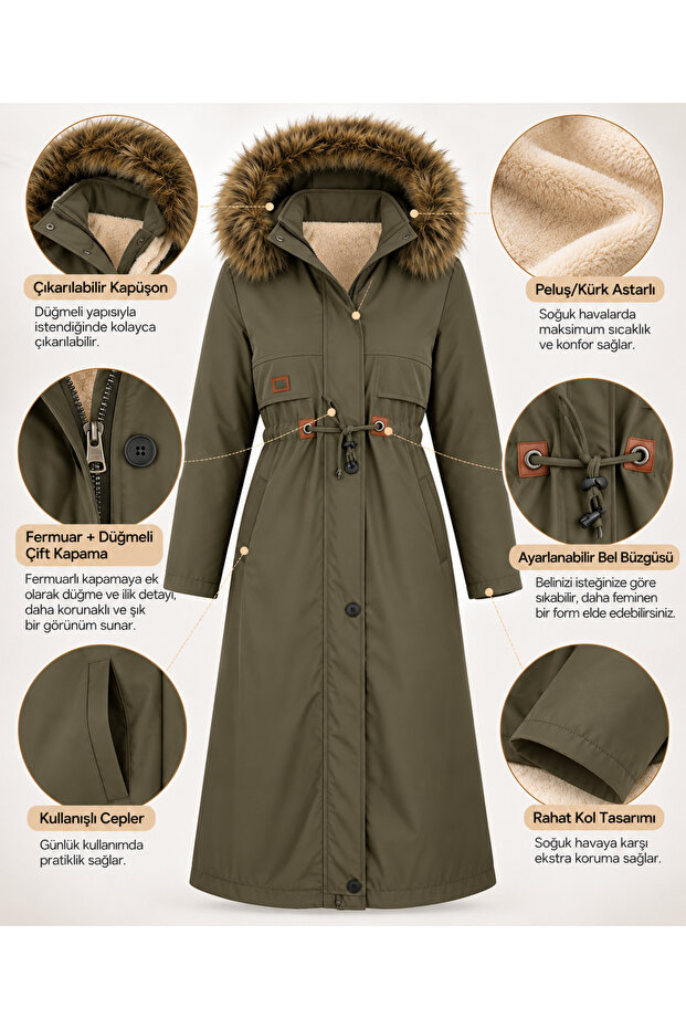 Women's Khaki Green Hooded Long Winter Coat with Fur Inside and Drawstring Waist | Zippered Hijab Coat Parka