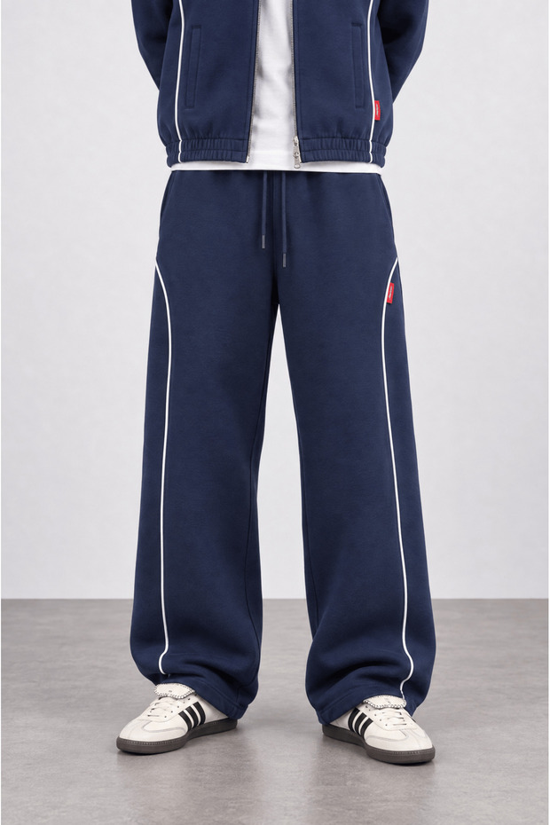 Men's Panda Baggy Sweatpants with Piping Detail, Navy Blue