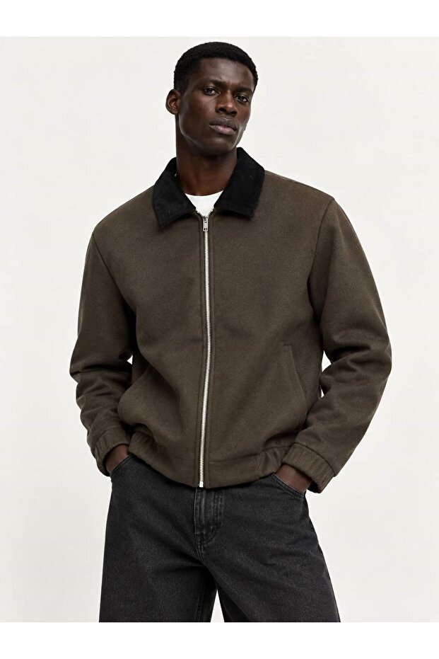 Men's Brown Zippered Lined Cashmere Coat Jacket