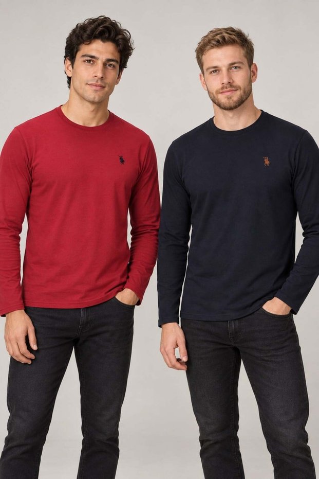 Men's Round Neck Cotton Sweatshirt Set of 2 Navy Blue-Claret Red T8588