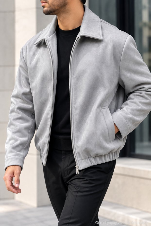 سترة رجالية بتصميم من جلد الغزال مع سحاب وقصة مريحة - رمادي