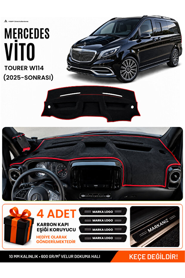 Mercedes Vi̇to W114 Tourer (2025-Onwards) Compatible Dashboard Cover - Black-Red - Mb027