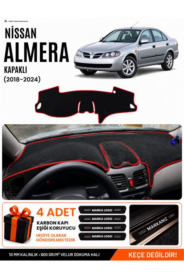 Nissan Almera Covered (2000-2006) Compatible Glove Box Cover, Glove Box Case - Black-Red - Ni001