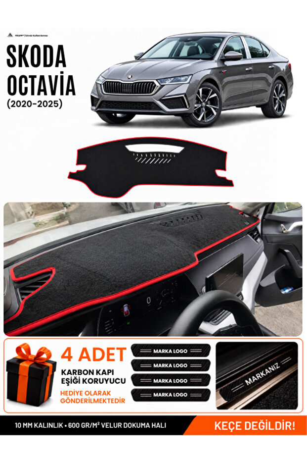 Skoda Octavia (2020-2025) Compatible Dashboard Cover, Dashboard Case - Black-Red - Sk014
