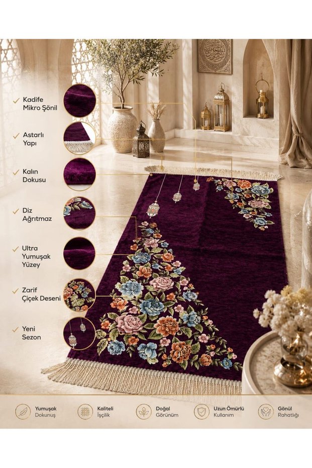 Micro Chenille Velvet Prayer Rug |   Lined Thick Textured Floral Patterned Prayer Mat